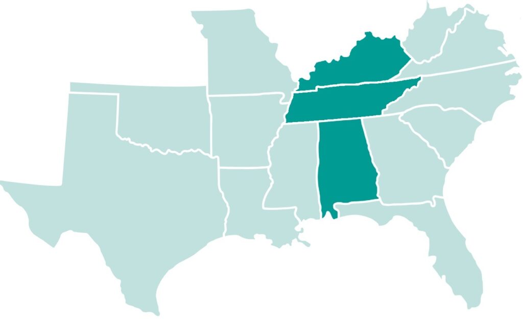 Map highlighting Tennessee, Alabama, Kentucky, Virginia, North Carolina, Georgia, and other states where Heritage DJs provides wedding DJ services