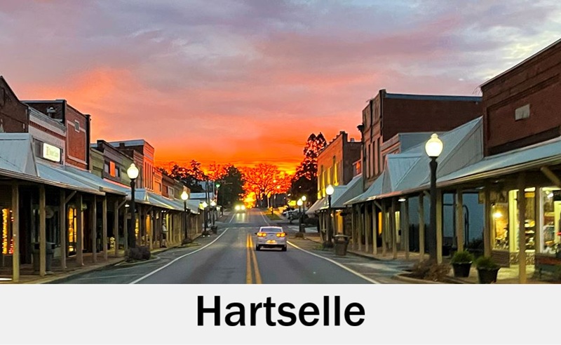 Downtown Hartselle, Alabama streets at sunset for wedding celebrations