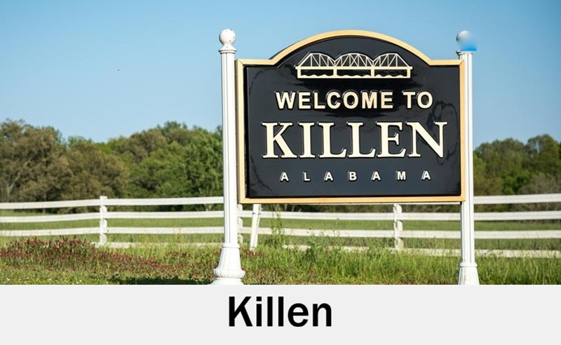 Welcome to Killen, Alabama sign near local wedding venues
