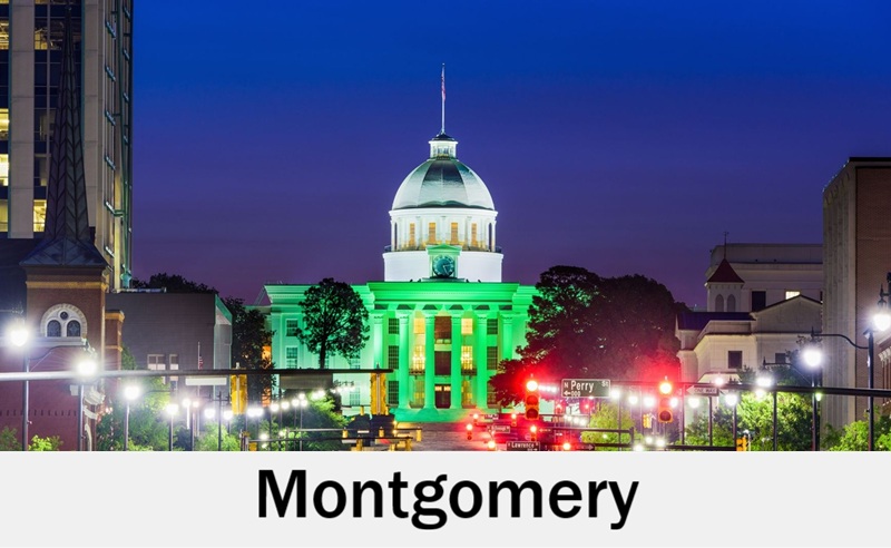 Montgomery, Alabama capitol area lit at night for wedding events